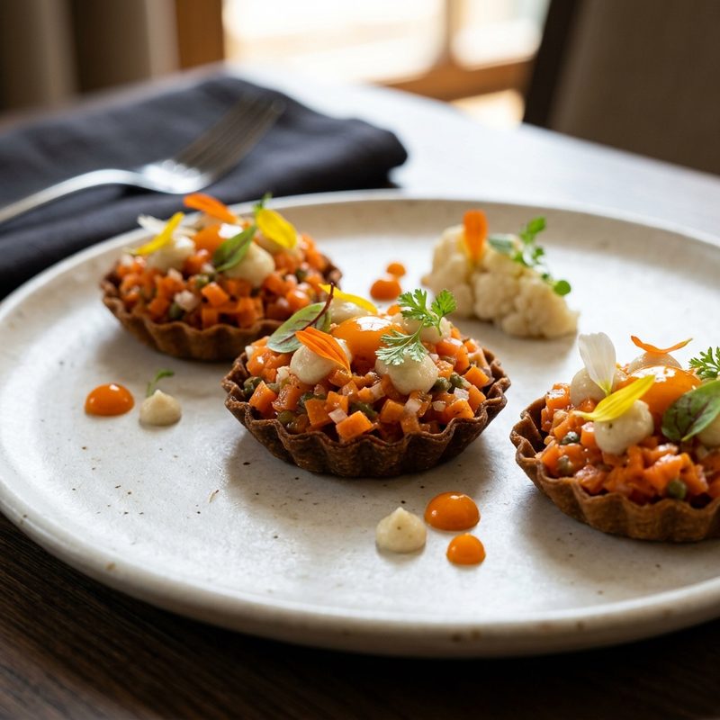Tartelette with carrot tartare, cauliflower, sea buckthorn